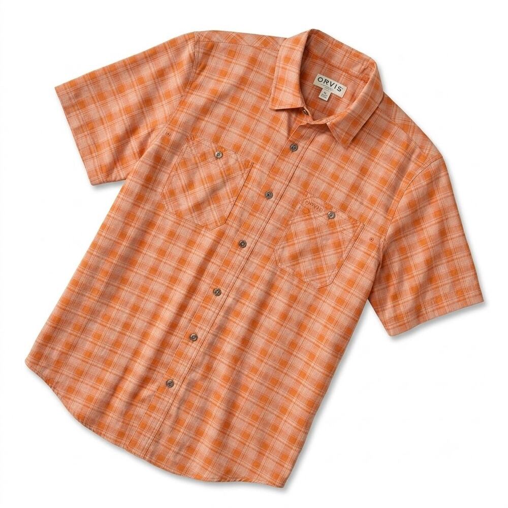 Orvis Short Sleeve Tech Shirt Orange Plaid Lightweight Work Hiking Mens Medium